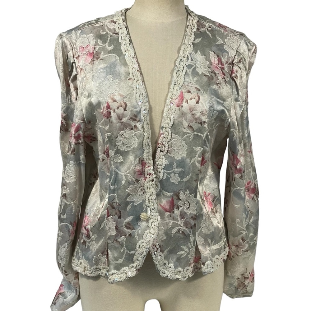 Abby Kent Vintage Silver Ivory Floral Damask Sequin Dressy Blazer Jacket Sz 14